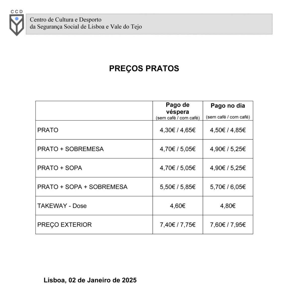 Preços das refeiçoes para 2025